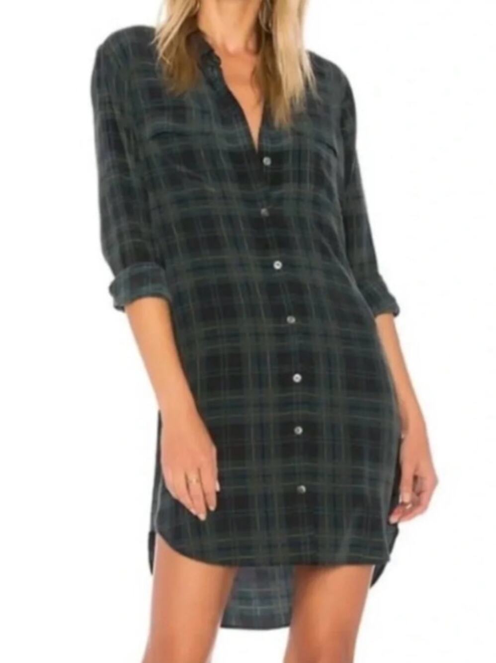 Equipment Silk Plaid Shirt Dress Green XS